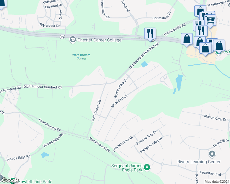 map of restaurants, bars, coffee shops, grocery stores, and more near 13460 Naylors Blue Drive in Chester