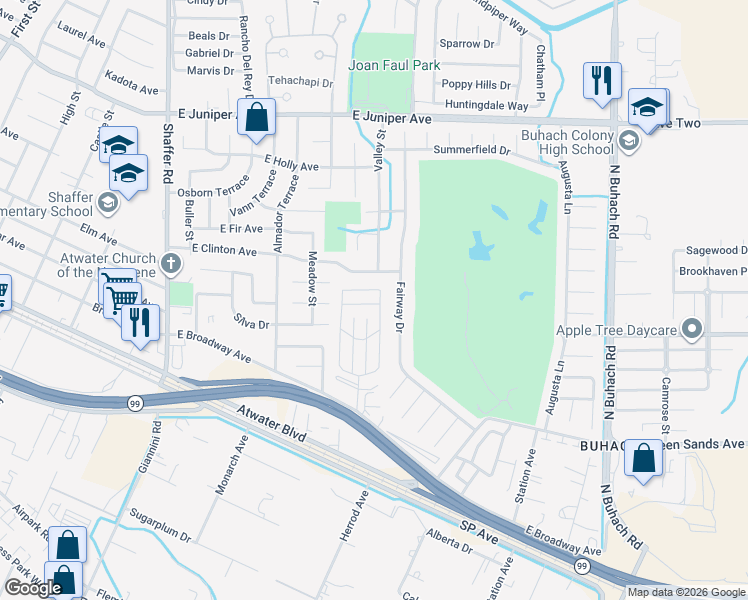 map of restaurants, bars, coffee shops, grocery stores, and more near 73 La Playa Way in Atwater