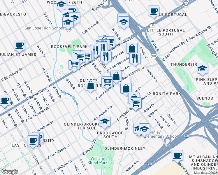 map of restaurants, bars, coffee shops, grocery stores, and more near 199 South 23rd Street in San Jose