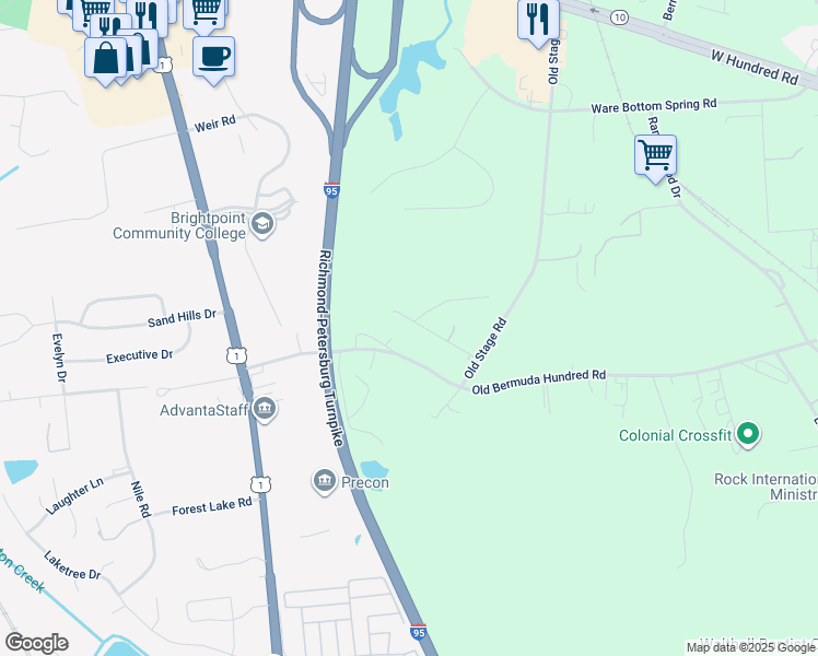 map of restaurants, bars, coffee shops, grocery stores, and more near 2501 Lanter Lane in Chester