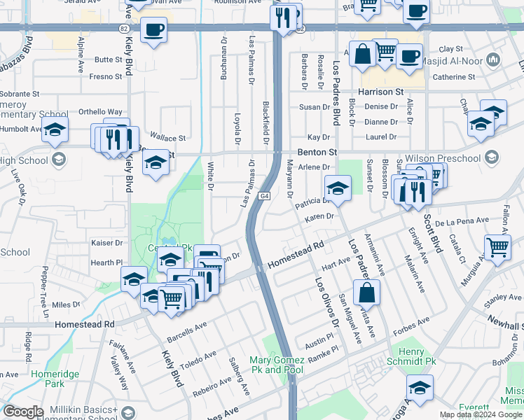 map of restaurants, bars, coffee shops, grocery stores, and more near 2468 Karen Drive in Santa Clara