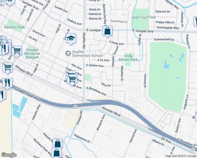 map of restaurants, bars, coffee shops, grocery stores, and more near 229 Branco Avenue in Atwater