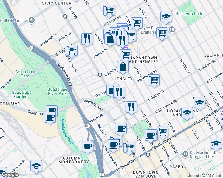 map of restaurants, bars, coffee shops, grocery stores, and more near 460 North First Street in San Jose