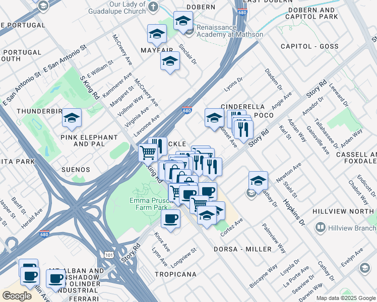 map of restaurants, bars, coffee shops, grocery stores, and more near 1856 Cinderella Lane in San Jose