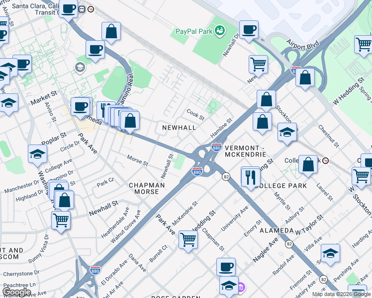 map of restaurants, bars, coffee shops, grocery stores, and more near 2078 The Alameda in San Jose