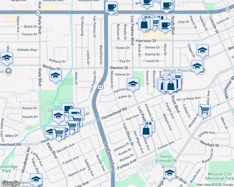 map of restaurants, bars, coffee shops, grocery stores, and more near 927 Elizabeth Drive in Santa Clara
