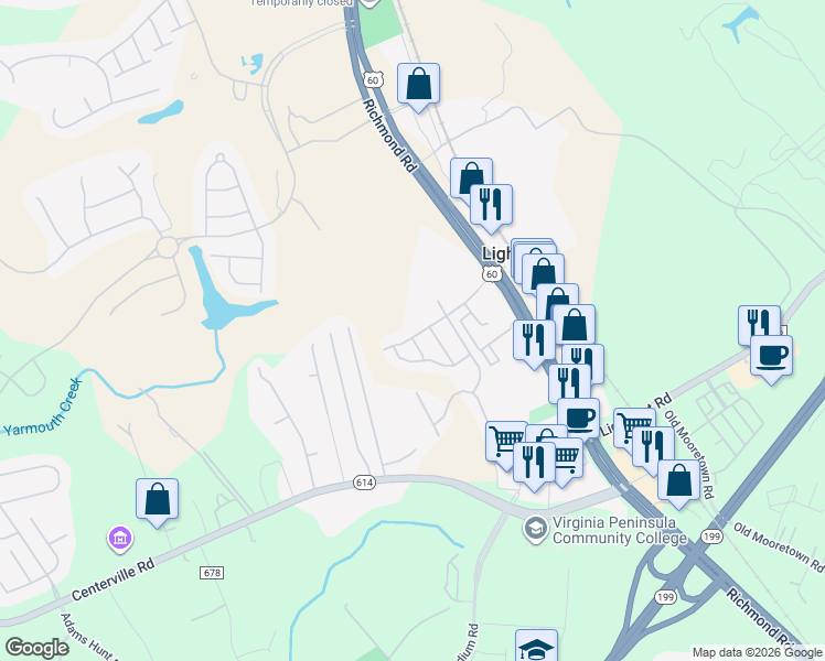 map of restaurants, bars, coffee shops, grocery stores, and more near 4624 Noland Boulevard in Williamsburg