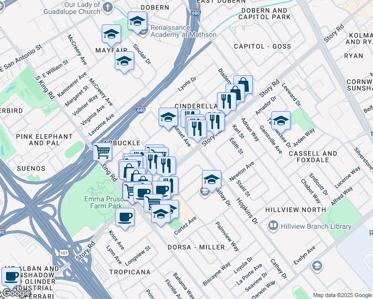 map of restaurants, bars, coffee shops, grocery stores, and more near 1997 Poco Way in San Jose