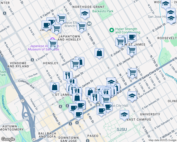 map of restaurants, bars, coffee shops, grocery stores, and more near 329 East Julian Street in San Jose