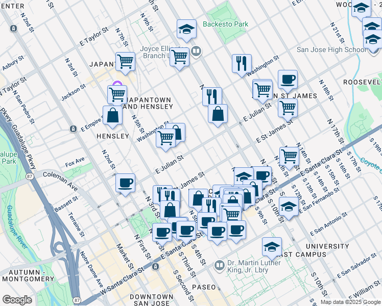 map of restaurants, bars, coffee shops, grocery stores, and more near 329 East Julian Street in San Jose