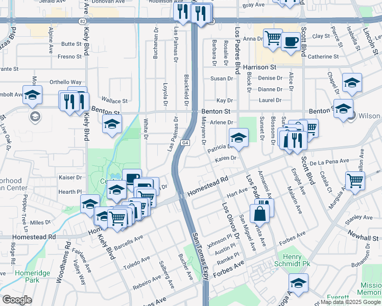 map of restaurants, bars, coffee shops, grocery stores, and more near 2480 Karen Drive in Santa Clara