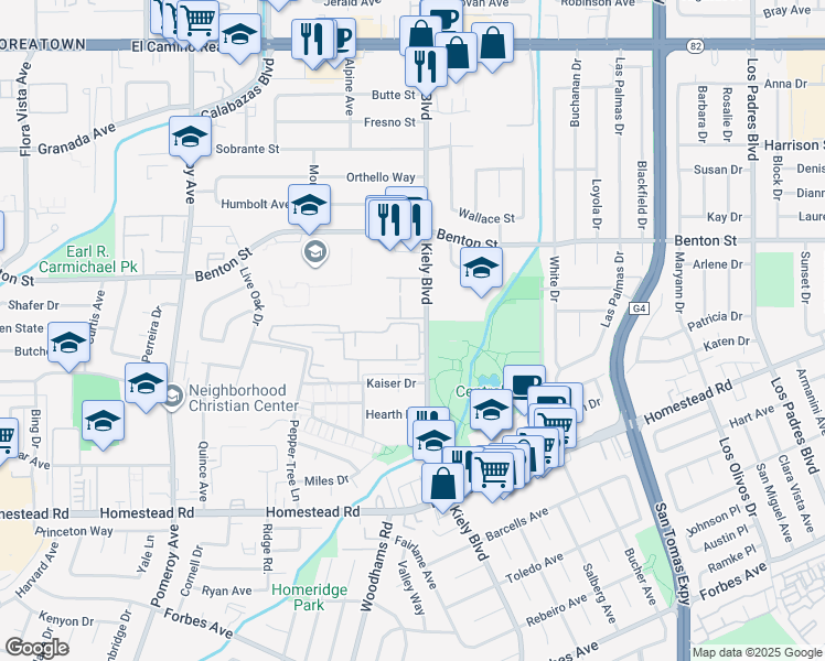 map of restaurants, bars, coffee shops, grocery stores, and more near 1000 Kiely Boulevard in Santa Clara