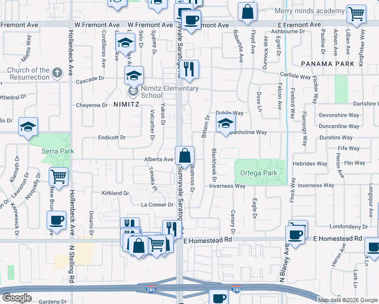 map of restaurants, bars, coffee shops, grocery stores, and more near 1524 Albatross Drive in Sunnyvale