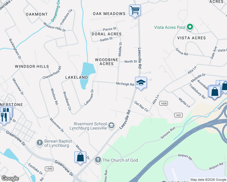 map of restaurants, bars, coffee shops, grocery stores, and more near 801 Middle Street in Lynchburg