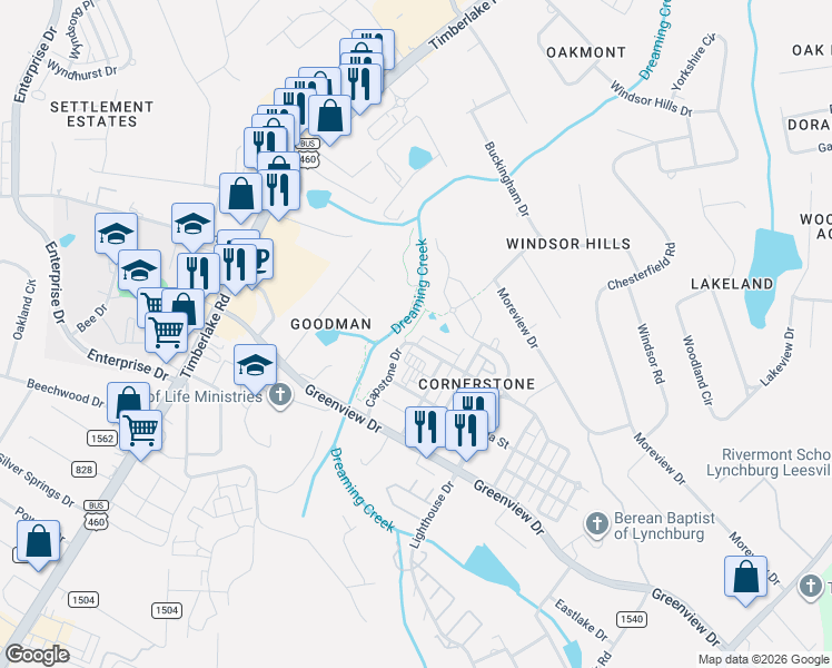map of restaurants, bars, coffee shops, grocery stores, and more near 1100 Greenview Drive in Lynchburg