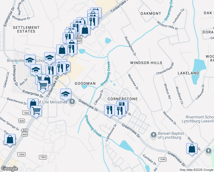 map of restaurants, bars, coffee shops, grocery stores, and more near 1100 Greenview Drive in Lynchburg