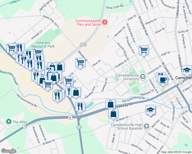 map of restaurants, bars, coffee shops, grocery stores, and more near 609 Meader Street in Campbellsville