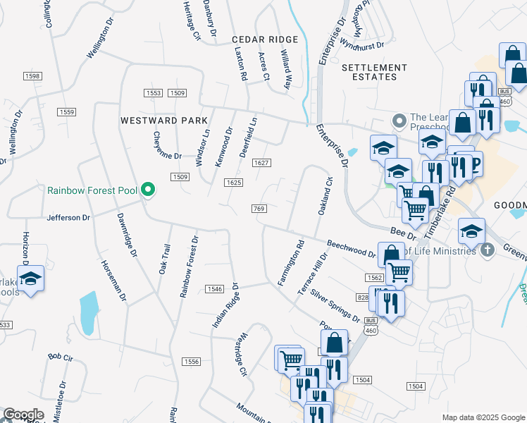 map of restaurants, bars, coffee shops, grocery stores, and more near 567 Beechwood Drive in Lynchburg