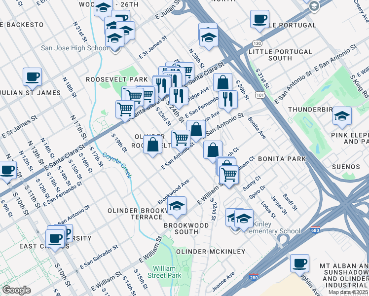 map of restaurants, bars, coffee shops, grocery stores, and more near 199 South 23rd Street in San Jose