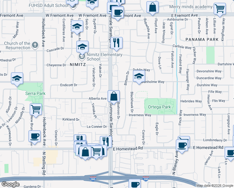 map of restaurants, bars, coffee shops, grocery stores, and more near 1524 Albatross Drive in Sunnyvale