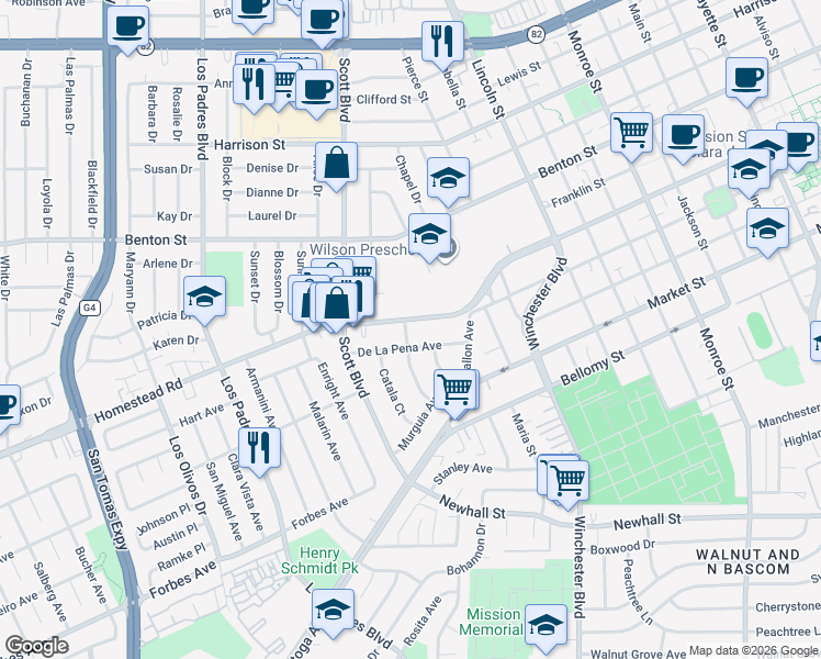 map of restaurants, bars, coffee shops, grocery stores, and more near 1951 Homestead Road in Santa Clara