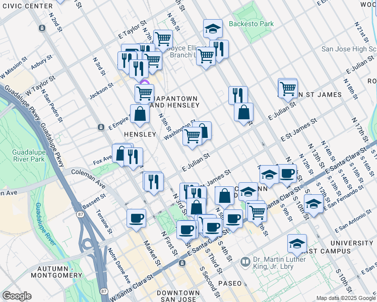 map of restaurants, bars, coffee shops, grocery stores, and more near 336 North 5th Street in San Jose