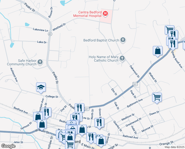 map of restaurants, bars, coffee shops, grocery stores, and more near 1115 Shadow Lane in Bedford