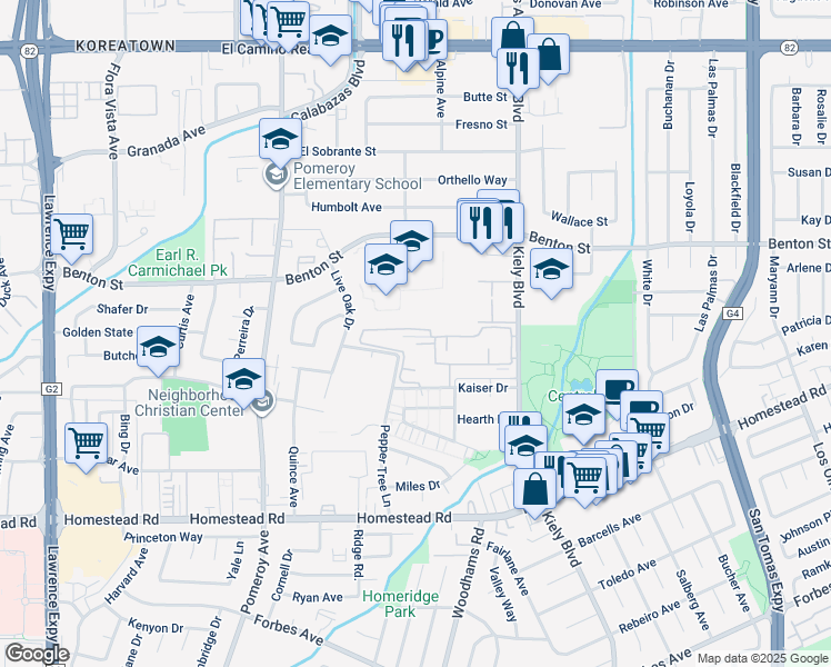 map of restaurants, bars, coffee shops, grocery stores, and more near 3041 Kaiser Drive in Santa Clara