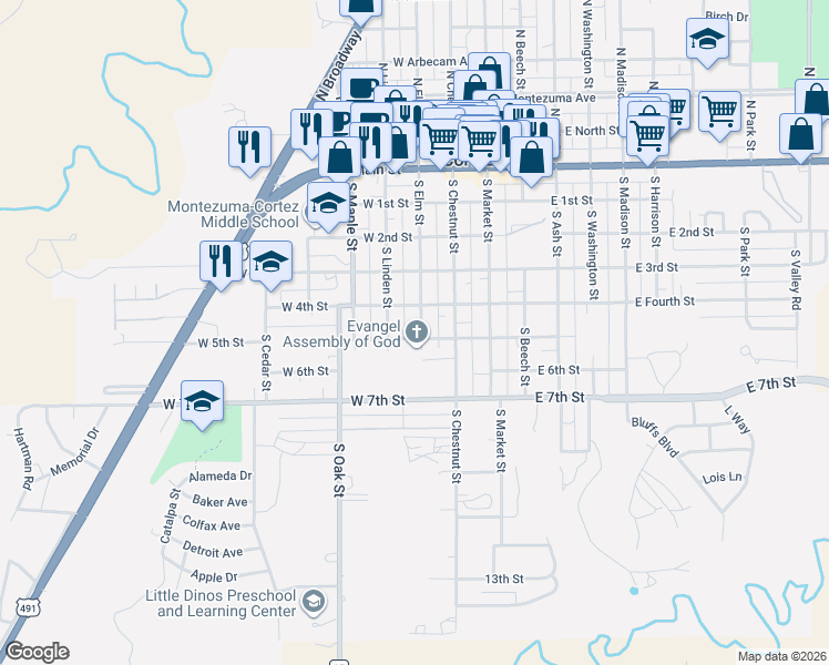 map of restaurants, bars, coffee shops, grocery stores, and more near 407 South Elm Street in Cortez