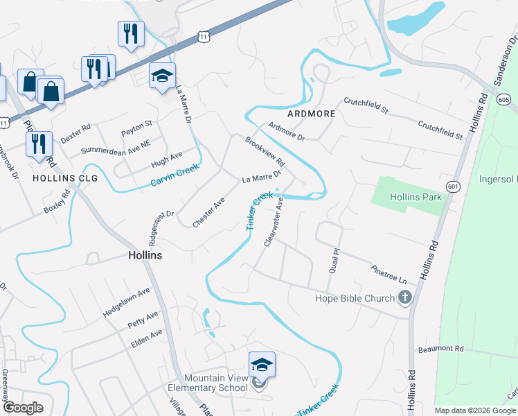 map of restaurants, bars, coffee shops, grocery stores, and more near 6950 La Marre Drive in Hollins