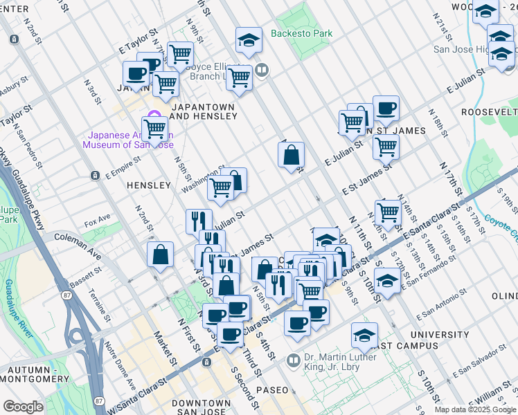 map of restaurants, bars, coffee shops, grocery stores, and more near 329 East Julian Street in San Jose