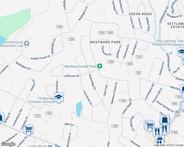 map of restaurants, bars, coffee shops, grocery stores, and more near 431 Dawnridge Drive in Lynchburg