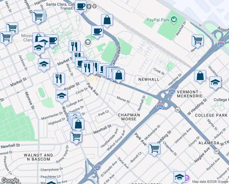 map of restaurants, bars, coffee shops, grocery stores, and more near 564 Chapman Court in Santa Clara