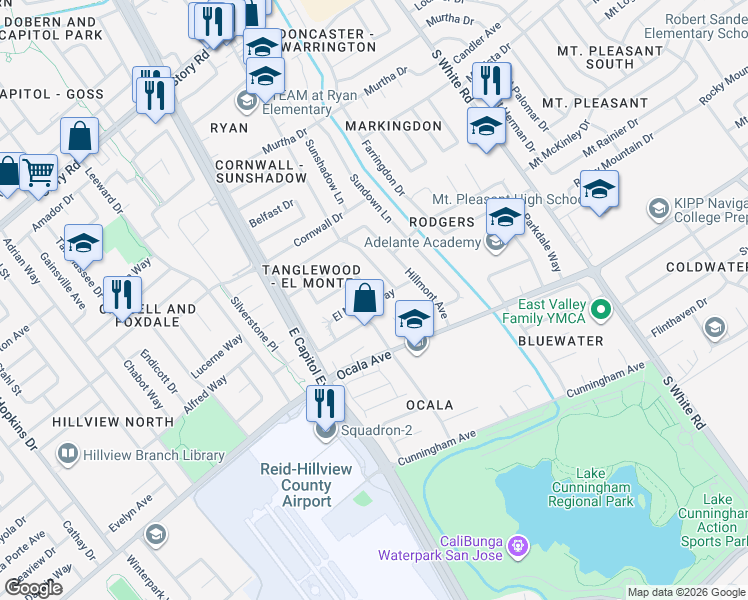 map of restaurants, bars, coffee shops, grocery stores, and more near El Monte Way & Montevideo Ln in San Jose