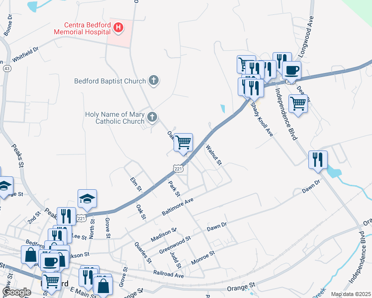 map of restaurants, bars, coffee shops, grocery stores, and more near 1210 Oakwood Street in Bedford