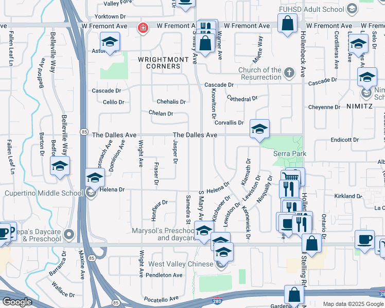 map of restaurants, bars, coffee shops, grocery stores, and more near 1532 Samedra Street in Sunnyvale