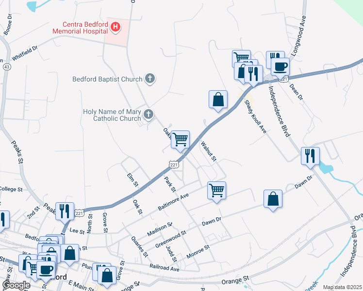 map of restaurants, bars, coffee shops, grocery stores, and more near 1210 Oakwood Street in Bedford