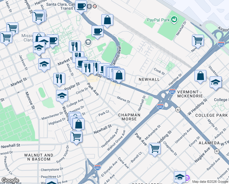 map of restaurants, bars, coffee shops, grocery stores, and more near 564 Chapman Court in Santa Clara