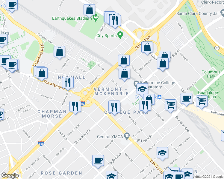 map of restaurants, bars, coffee shops, grocery stores, and more near 966 Silicon Drive in San Jose