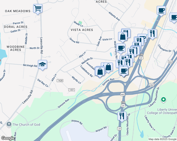 map of restaurants, bars, coffee shops, grocery stores, and more near 79 Toddsbury Road in Lynchburg