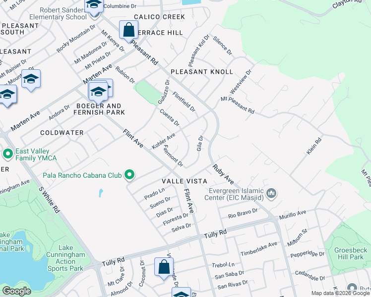 map of restaurants, bars, coffee shops, grocery stores, and more near 3455 Cuesta Drive in San Jose