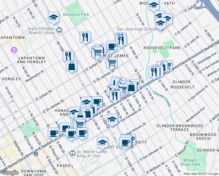 map of restaurants, bars, coffee shops, grocery stores, and more near 101 South 13th Street in San Jose