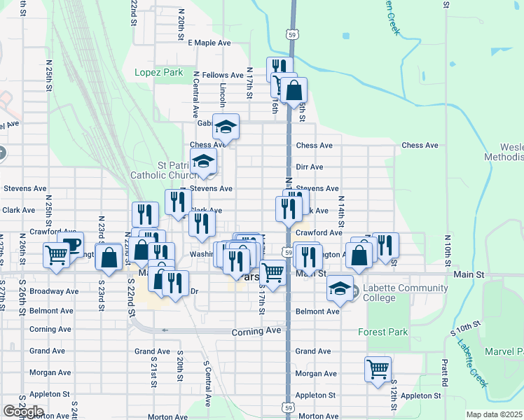 map of restaurants, bars, coffee shops, grocery stores, and more near 401 North 17th Street in Parsons