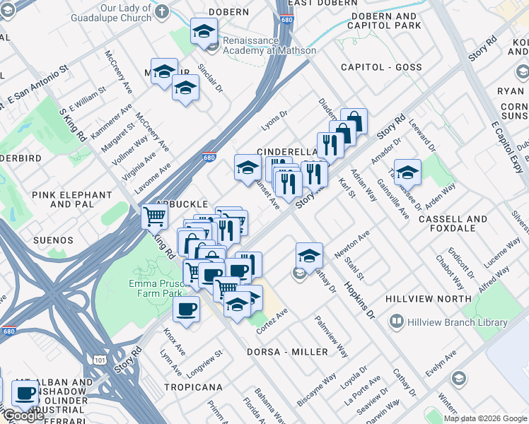 map of restaurants, bars, coffee shops, grocery stores, and more near 1997 Poco Way in San Jose