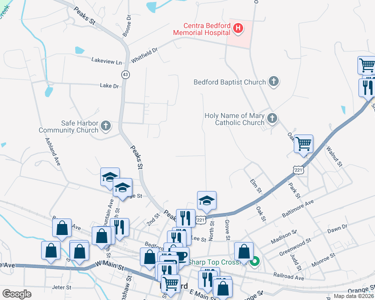 map of restaurants, bars, coffee shops, grocery stores, and more near 726 Sunset Drive in Bedford