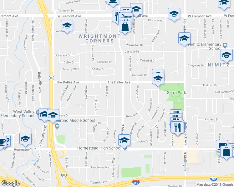 map of restaurants, bars, coffee shops, grocery stores, and more near 1532 Samedra Street in Sunnyvale