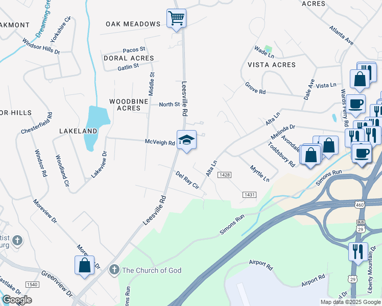 map of restaurants, bars, coffee shops, grocery stores, and more near 693 Leesville Road in Lynchburg