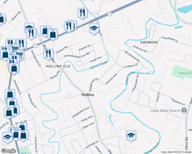 map of restaurants, bars, coffee shops, grocery stores, and more near 718 Ridgecrest Drive in Roanoke