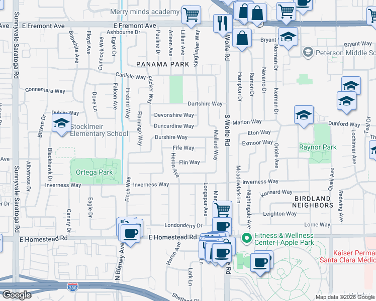 map of restaurants, bars, coffee shops, grocery stores, and more near 826 Fife Way in Sunnyvale