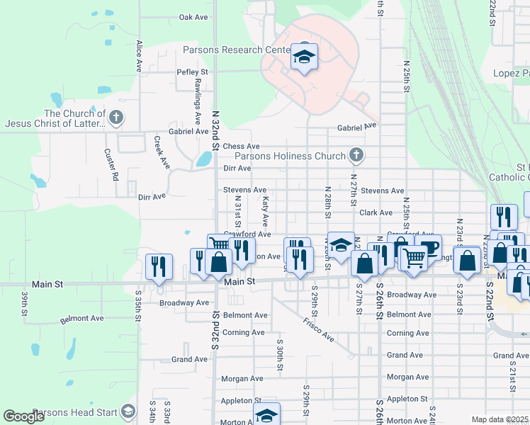 map of restaurants, bars, coffee shops, grocery stores, and more near 400 Katy Avenue in Parsons